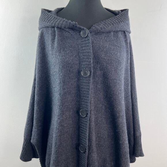 Marina Luna Gray Poncho Sweater Wool Ribbed Hooded Button Front Size Medium M - Picture 3 of 7